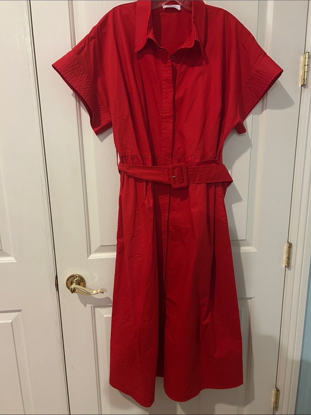 Avara Classic cherry Red Belted Shirt Dress